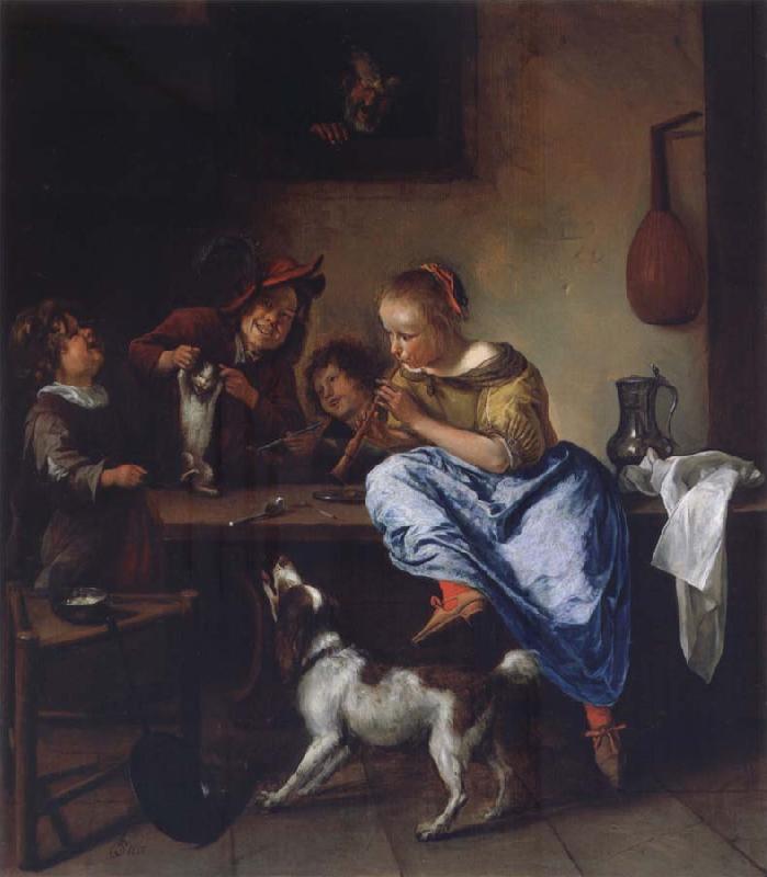 Jan Steen Children teaching a cat to dance oil painting image
